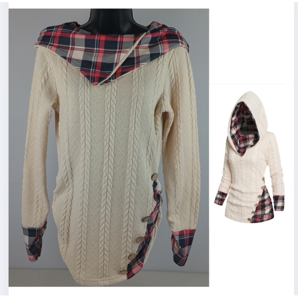 Dressfo Women's 8 Ivory Cream Knit Red Plaid Accents Long Sleeve Hooded Sweater